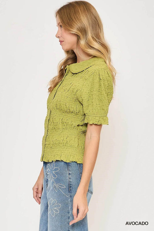 Umgee Smocked Short Sleeve Button-Front Shirt with Peter Pan Collar Trendsi 5ca8bbe8-ca7f-472d-b95a-b8ab36496f82-Max-Origin