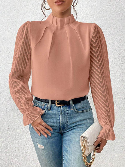 Mock Neck Flounce Sleeve Blouse Burnt Coral Trendsi 5cab0e3707f24ea090c788ce3dc860c5-Max