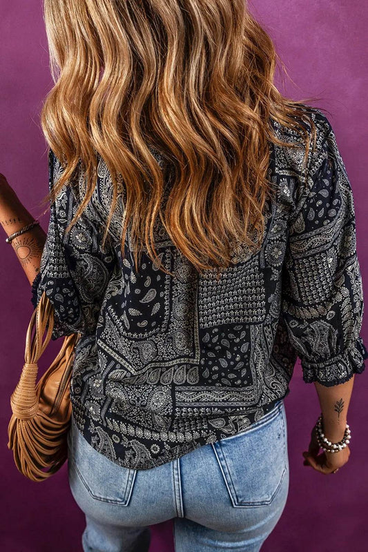 Printed Buttoned Flounce Sleeve Blouse Trendsi 5cc92998e09c48628bb31b174a1d411f-Max