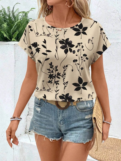 Printed Round Neck Short Sleeve Blouse Trendsi 5cd821882e3a4c2aa16856458fbcf2a9-Max-Origin