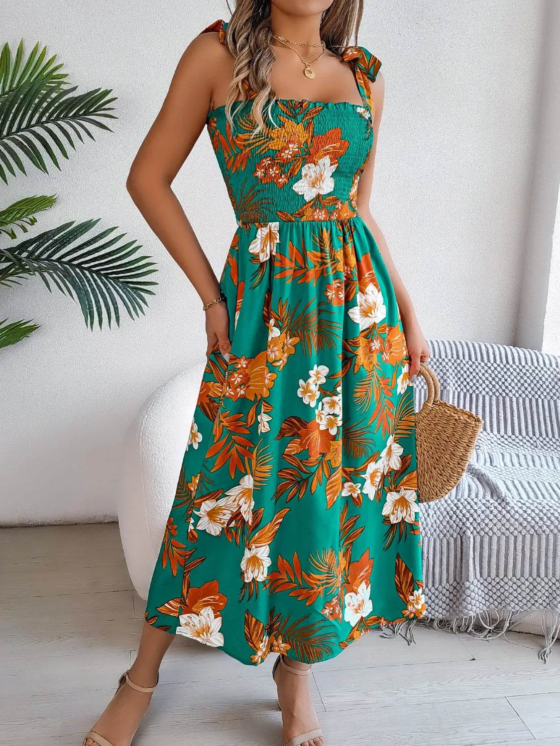 Smocked Floral Tie Shoulder Midi Dress Trendsi 5d2750d1-5312-454e-abe1-2abf79d7b429-Max-Origin