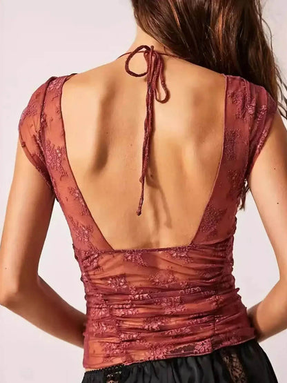 Lace Cap Sleeve Ruched T-Shirt Trendsi 5d656495-915d-49f7-a21d-a534d7b1358c-Max-Origin