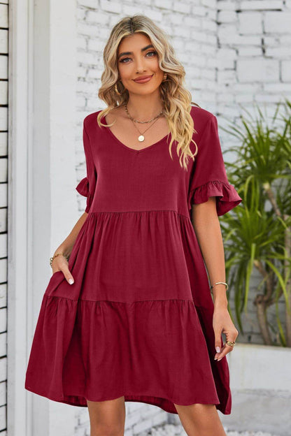 Mandy V-Neck Flounce Sleeve Tiered Dress Burgundy Trendsi 5d8aead810c44bb6af40f88cb220ec86-Max