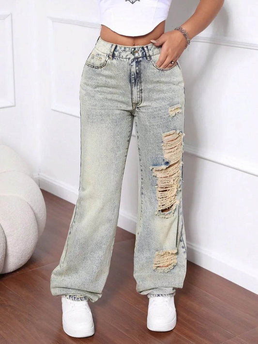 Distressed High Waist Jeans Trendsi 5d9de42c-623f-410e-ab8d-c2e491f98678-Max