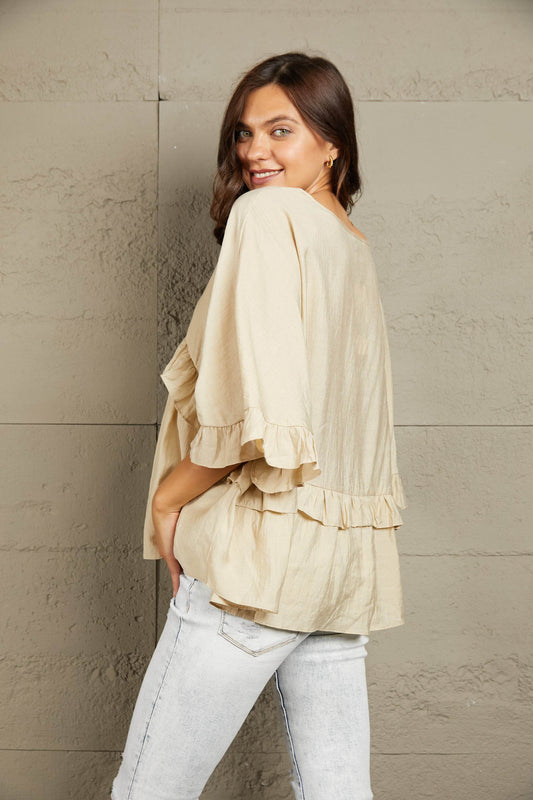 Ruffled V-Neck Half Sleeve Blouse Trendsi 5dceff5afbe444fc8088d646be2a643b-Max