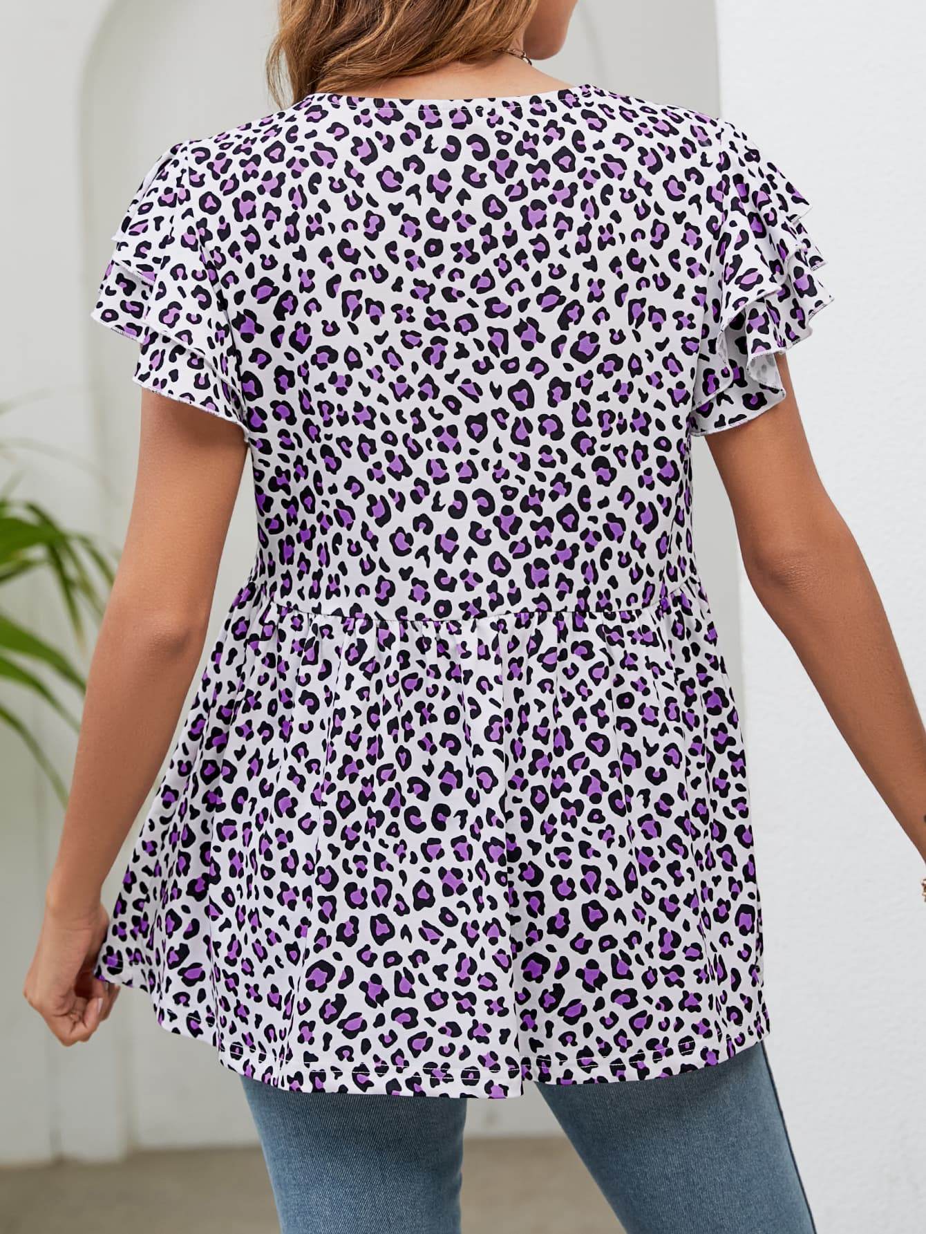 Leopard Round Neck Flutter Sleeve Babydoll Blouse Trendsi 5de89f10745945a7ac7394fb571aac0d-Max