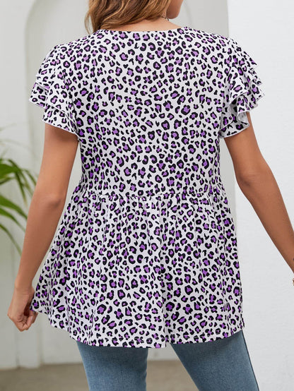 Leopard Round Neck Flutter Sleeve Babydoll Blouse Trendsi 5de89f10745945a7ac7394fb571aac0d-Max