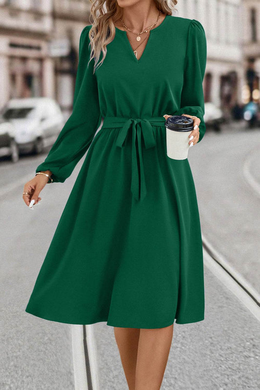 Tie Waist Notched Neck Long Sleeve Dress Green Trendsi 5de927a17b91408b9751326f1a89740c-Max