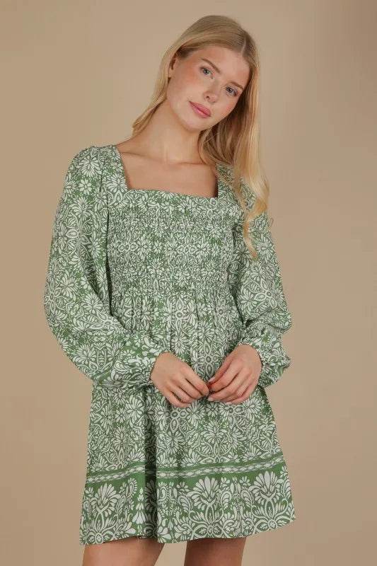 VERY J Printed Smocked Chest Boho Mini Dress Trendsi 5deec9c3bfee457c8e338626ef85595d-Max-Origin