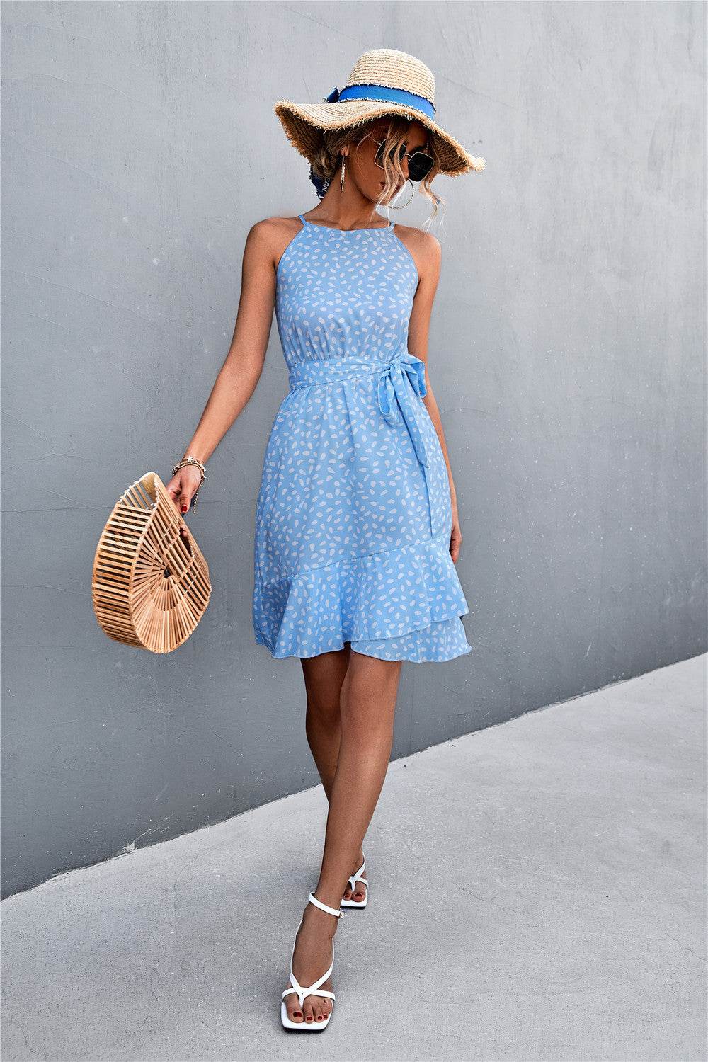 Printed Tie Waist Ruffle Hem Sleeveless Dress Trendsi 5e0309b1de674904b985652f7432ba54-Max