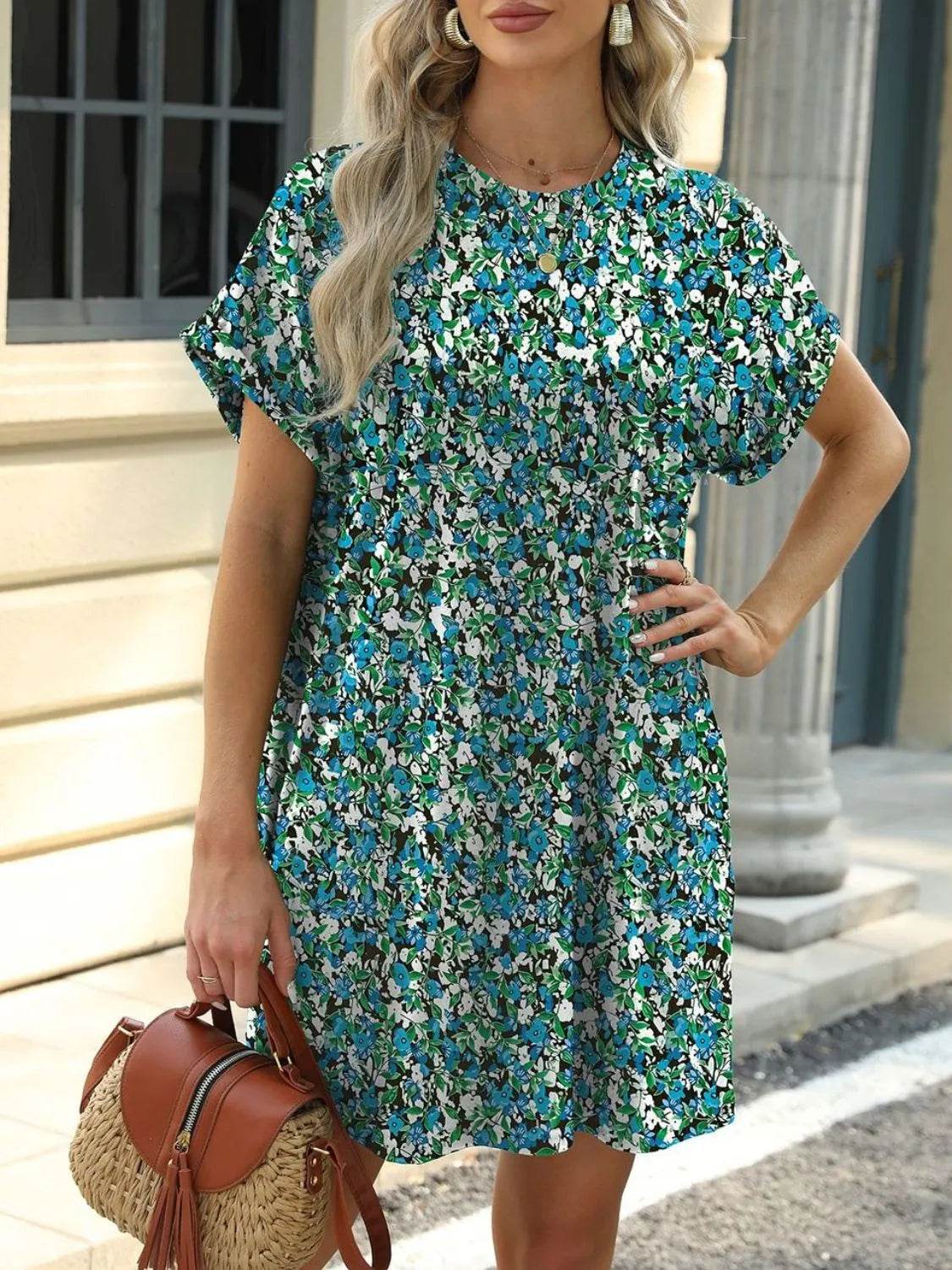 Printed Round Neck Short Sleeve Mini Dress Trendsi 5e04eb32-403f-4417-ab97-252188cd93ec-Max-Origin