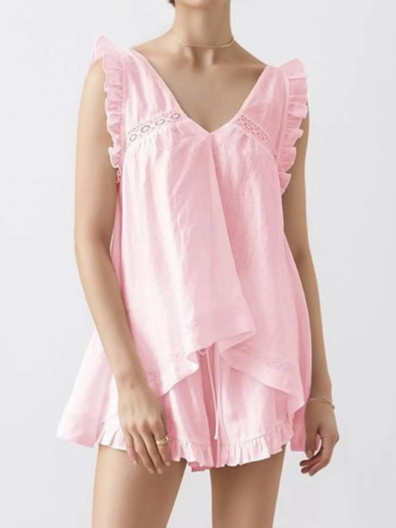 Ruffled V-Neck Top and Shorts Set Trendsi 5e13b844-7d8e-47b8-a622-ad303615e585-Max-Origin