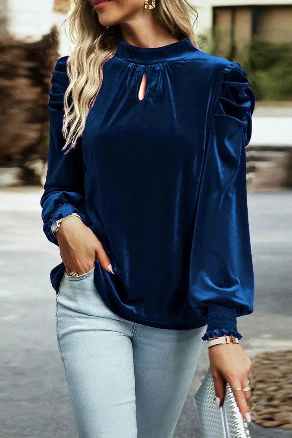 Tie Up Mock Neck Velvet Fabric Long Sleeve Blouse Trendsi 5e29a16e-0bf7-4087-a492-9c4fbfe15e2f-Max