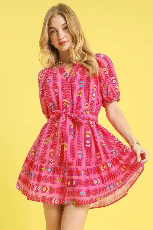 Umgee Printed Tie Waist Puff Short Sleeve Mini Dress Hot Pink Trendsi 5e2f4b50-f09e-40c4-b550-10fad826a9c8-Max-Origin