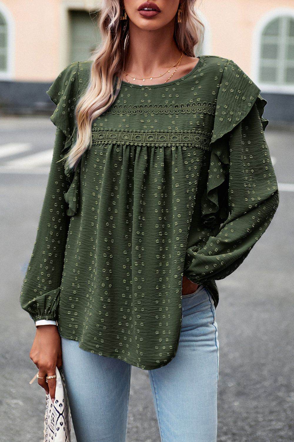 Devine Ruffle Trim Balloon Sleeve Blouse Army Green Trendsi 5e3ba8cf91f447d4b3cce5ae28c557e5-Max