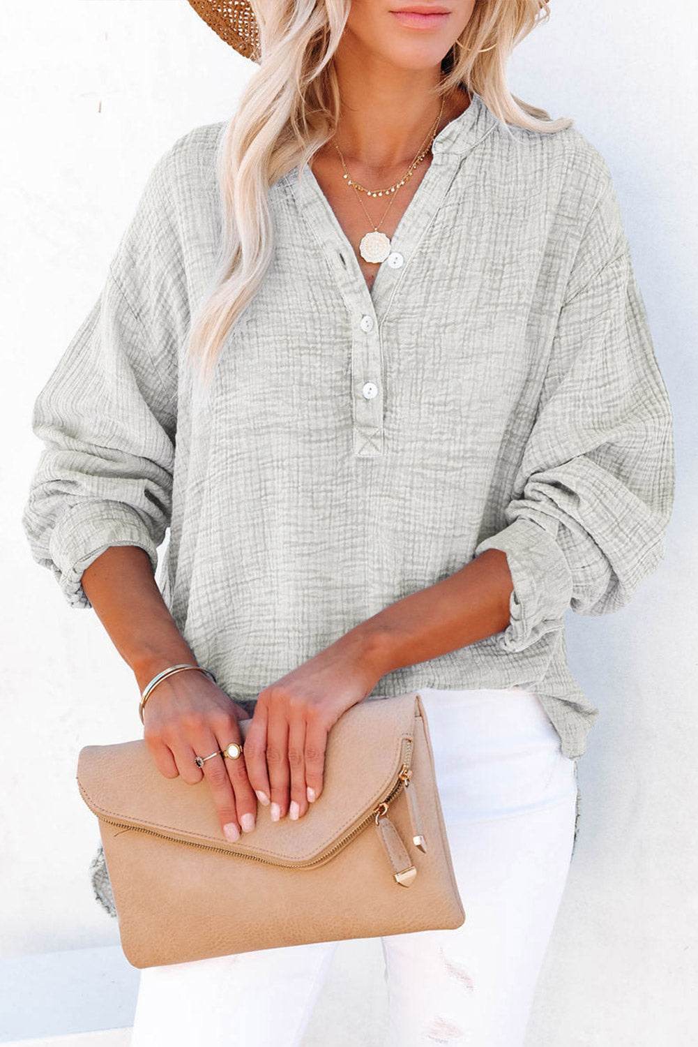 Buttoned Long Sleeve Blouse Trendsi 5e65d01250a14259b7ee2fe1b2756849-Max