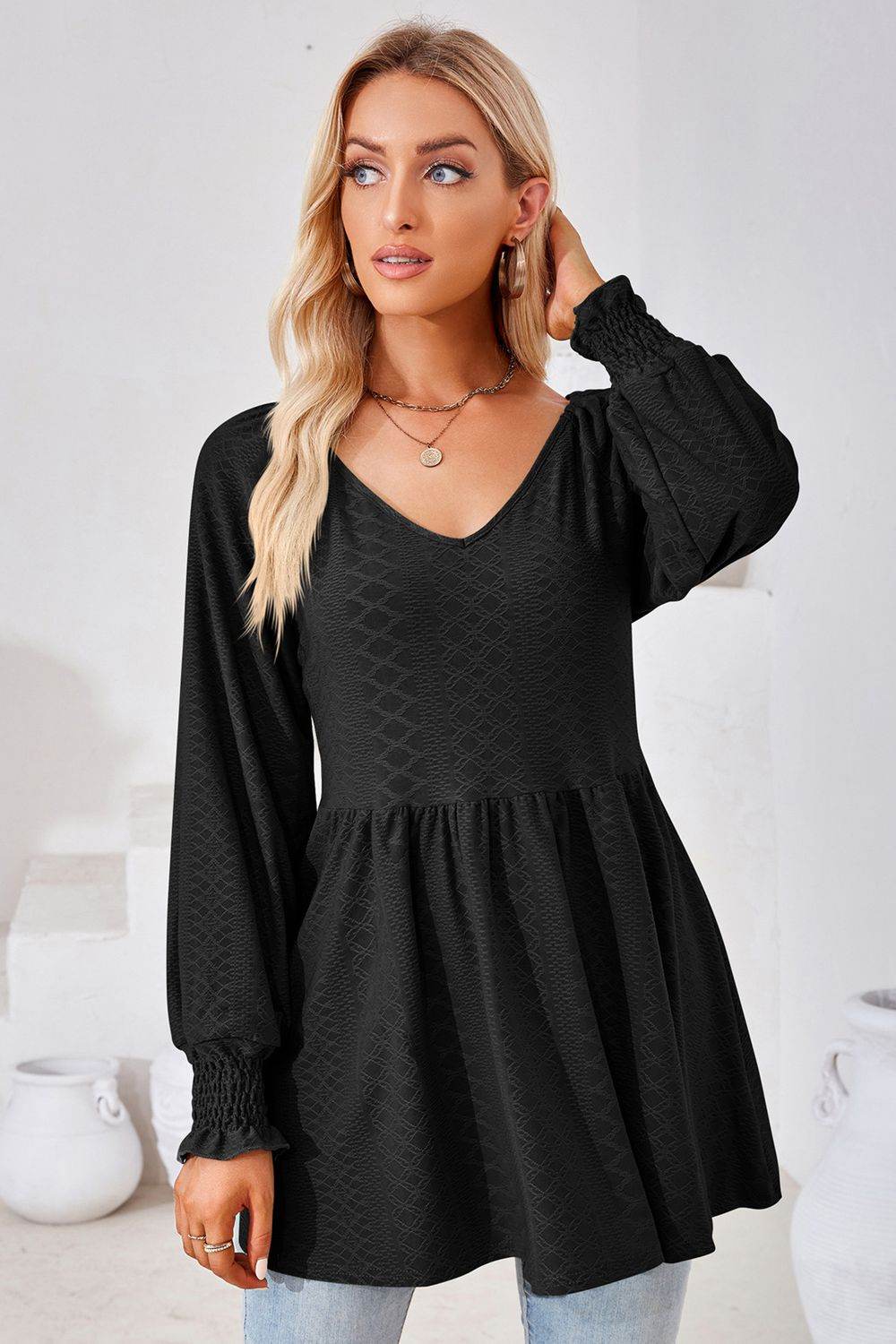 V-Neck Lantern Sleeve Blouse Trendsi 5e6a8fdf202a4fd8b0e4705a005a8615-Max