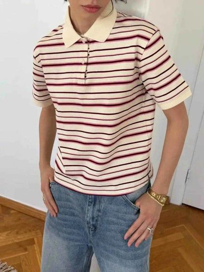 Striped Polo T-Shirt with Contrast Collar Apricot Trendsi 5e7ed223e57040f093f2dc5892270d81-Max-Origin