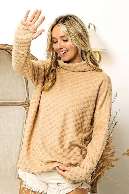 BiBi Checkered Round Neck Thumbhole Long Sleeve Top TAUPE Trendsi 5e849898-b3b9-4cd9-994c-ad11b62dc08d-Max