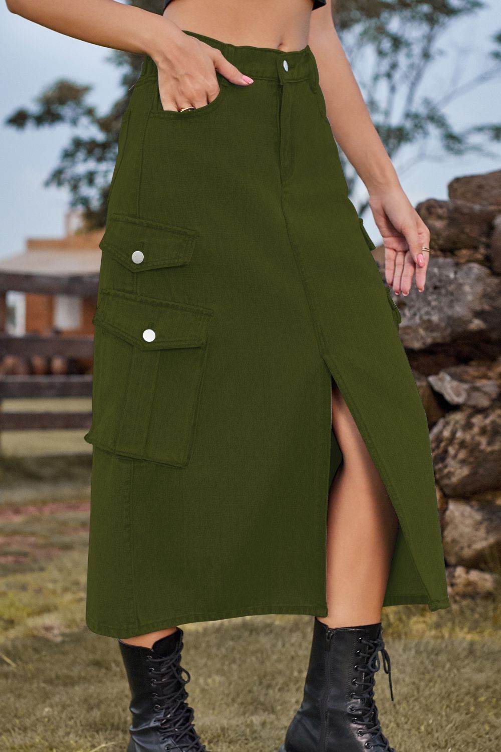 Slit Front Midi Denim Skirt with Pockets Trendsi 5ea58beabced4072b782f5857ccec481-Max