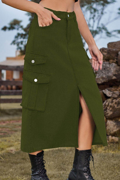 Slit Front Midi Denim Skirt with Pockets Trendsi 5ea58beabced4072b782f5857ccec481-Max