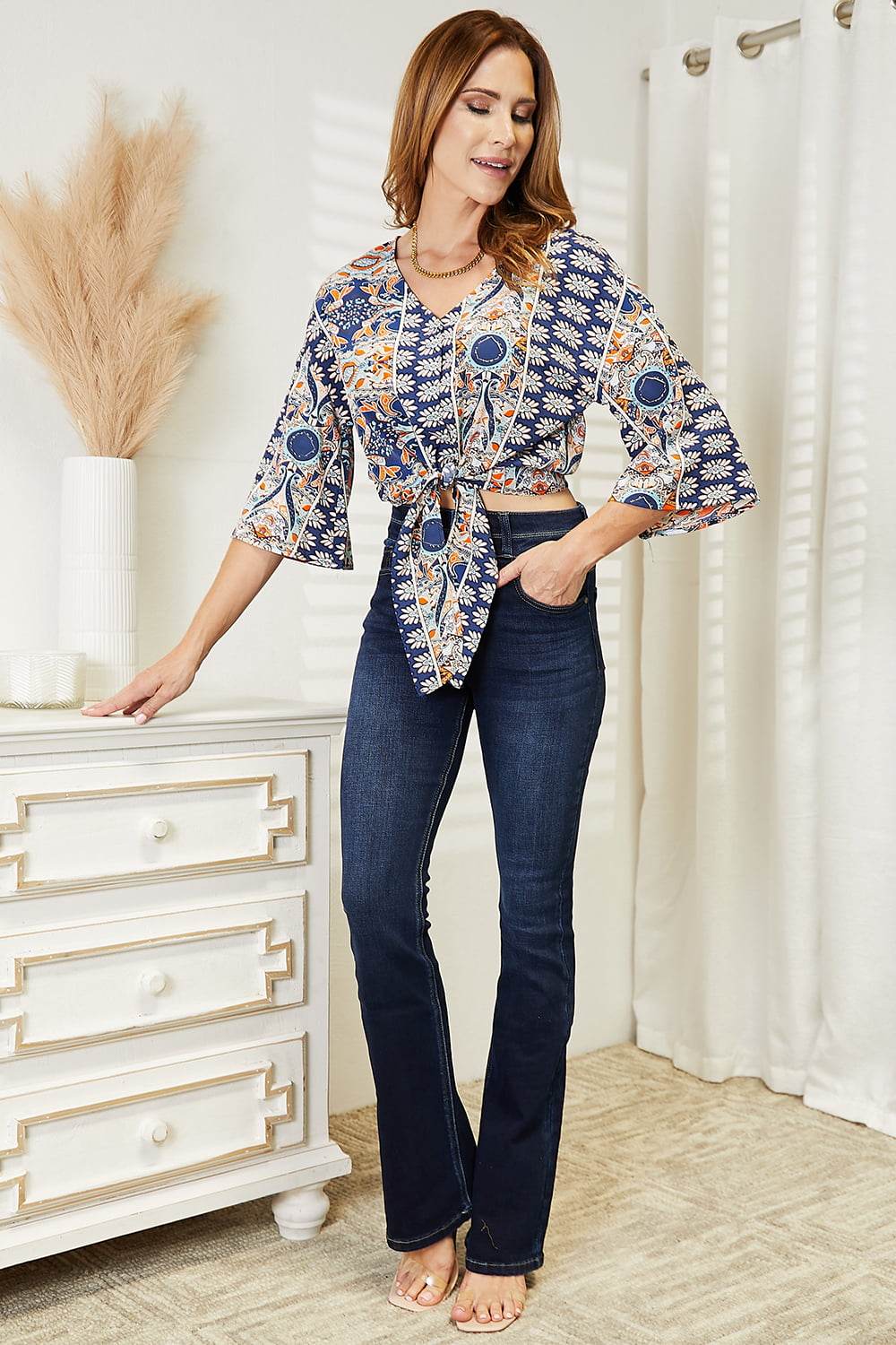 Tie Hem V-Neck Three-Quarter Sleeve Blouse Trendsi 5ee80e12f27749cd9107efd877aceda3-Max
