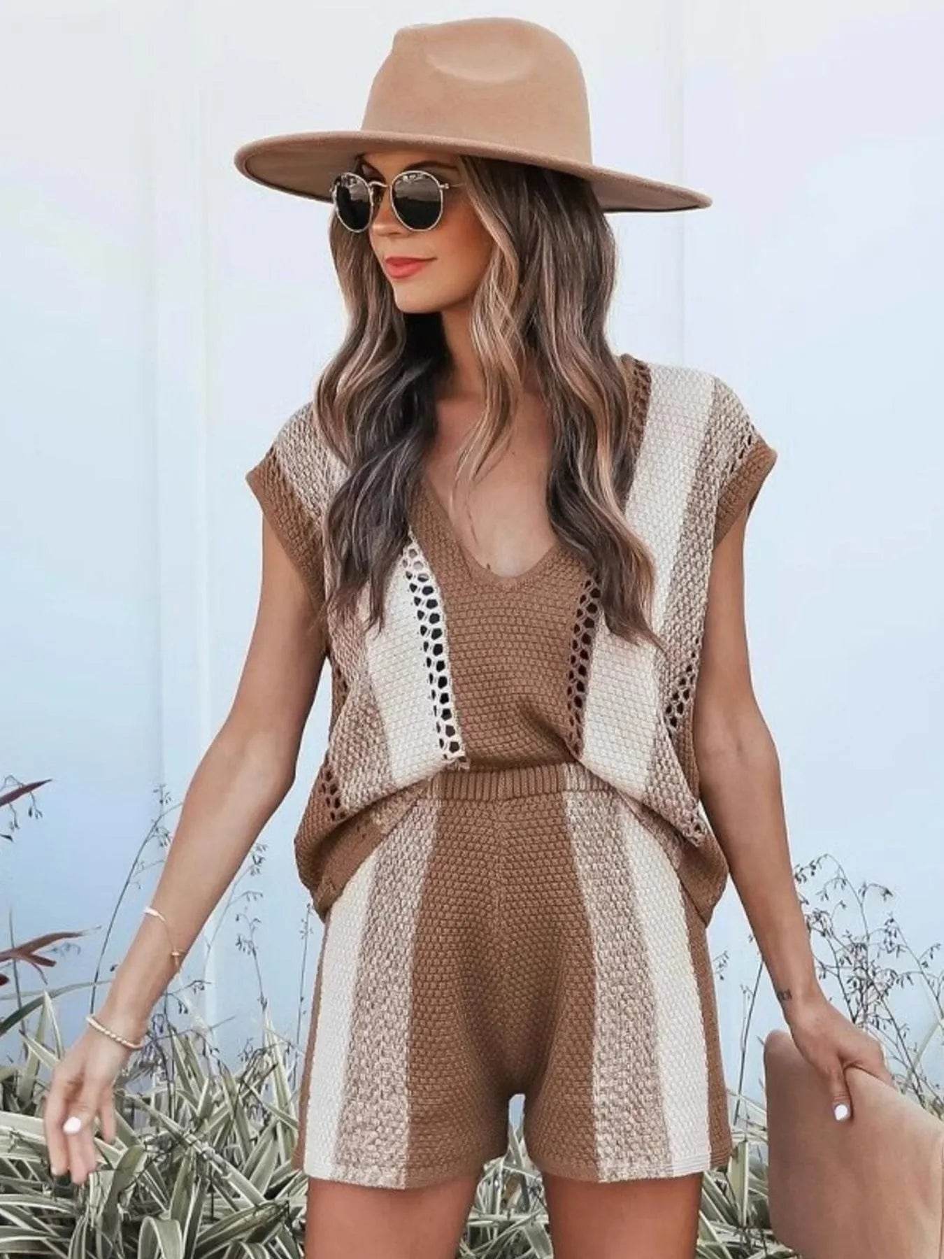 Openwork Color Block V-Neck Top and Shorts Sweater Set Trendsi 5f04e375-a18d-410f-8fea-4af3554f937b-Max-Origin
