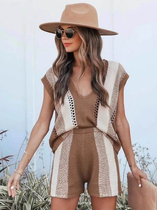 Openwork Color Block V-Neck Top and Shorts Sweater Set Trendsi 5f04e375-a18d-410f-8fea-4af3554f937b-Max-Origin