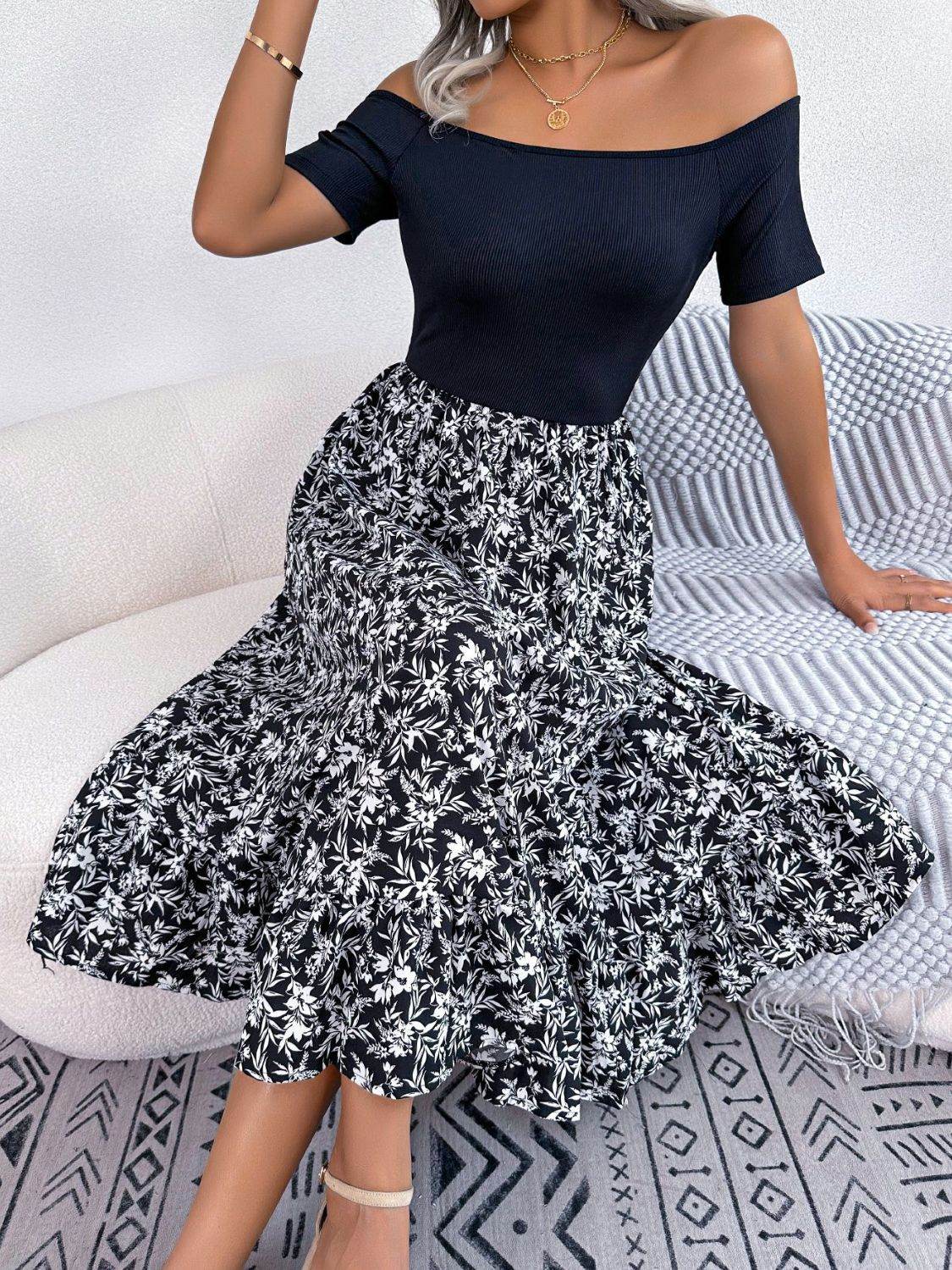 Printed Off-Shoulder Ruffle Hem Dress Trendsi 5f064e06e69d485a90106f722e40f36f-Max