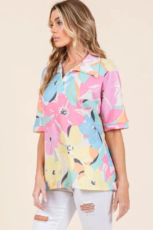 BOMBOM Floral Collared Neck Half Sleeve Top Trendsi 5f0c2dd7-ed46-49f3-a551-e503882b4b66-Max
