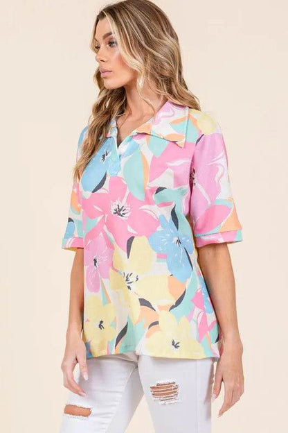 BOMBOM Floral Collared Neck Half Sleeve Top Trendsi 5f0c2dd7-ed46-49f3-a551-e503882b4b66-Max