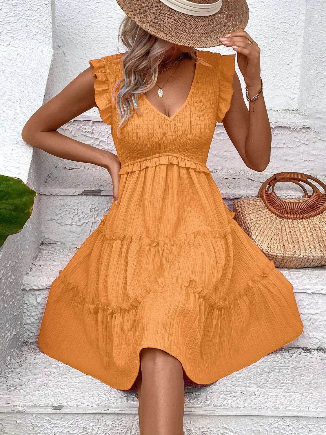 Ruffled V-Neck Cap Sleeve Dress Trendsi 5f14300e-3c33-4c24-8f62-1f39d137e3f3-Max-Origin
