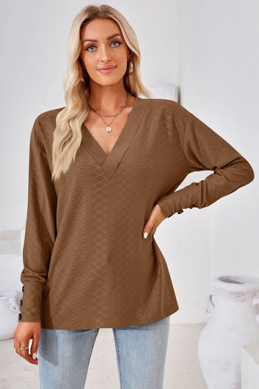 V-Neck Long Sleeve Blouse Brown Trendsi 5f27728d52924bf292f98c45456c2dee-Max