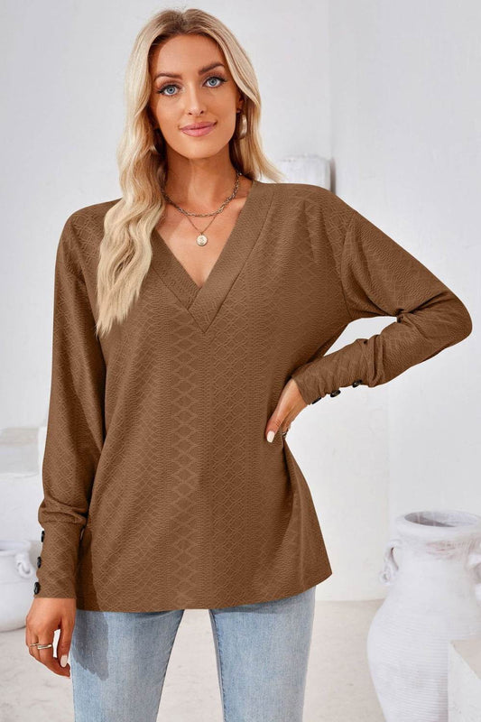 V-Neck Long Sleeve Blouse Brown Trendsi 5f27728d52924bf292f98c45456c2dee-Max