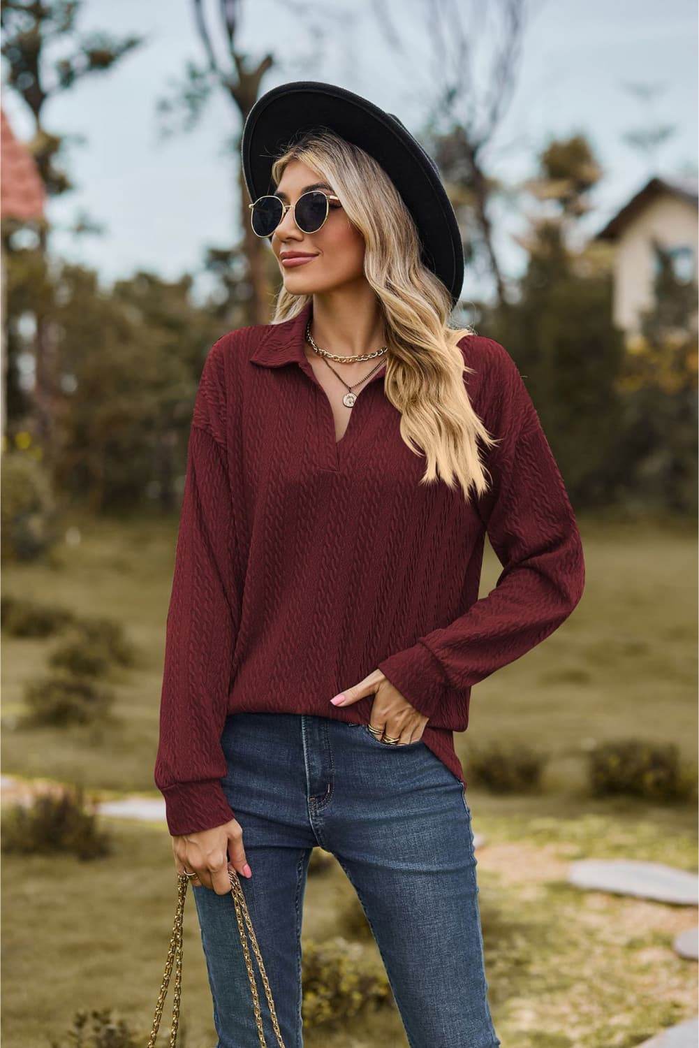 Collared Neck Cable-Knit Long Sleeve Blouse Trendsi 5f319f3b5d7a4537b03684d029368db1-Max