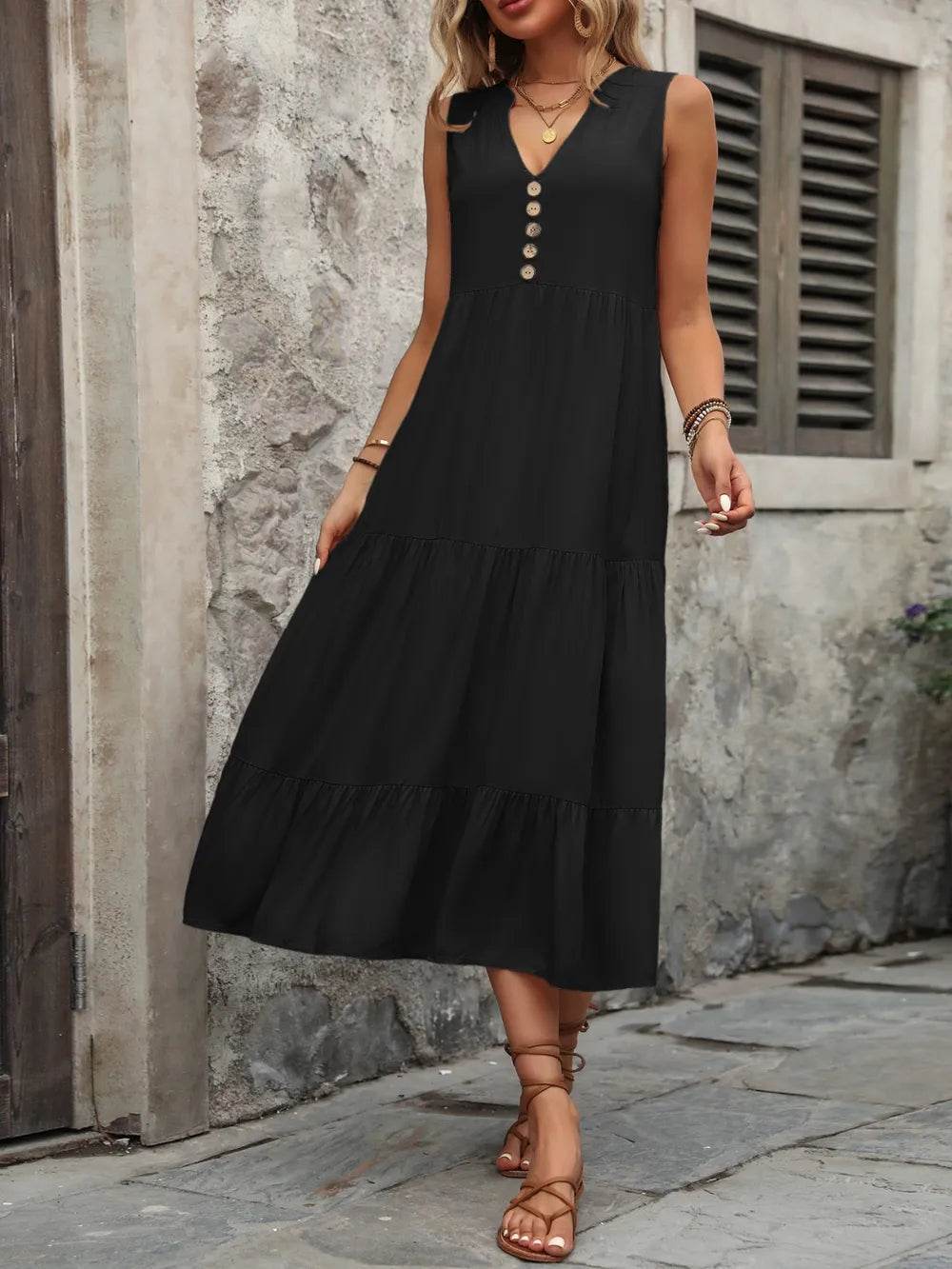 Ivy Lane Decorative Button Notched Sleeveless Dress Trendsi 5f31f7ee-fd9f-4cd3-b1cd-b4478d017647-Max