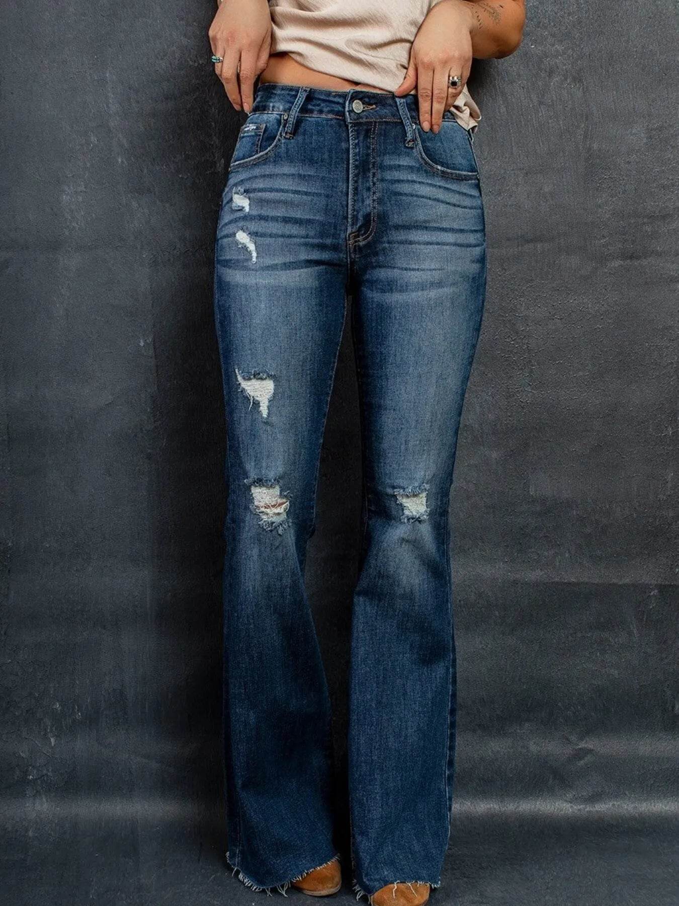 Distressed High-Waisted Flare Jeans Medium Trendsi 5f49cf58d11d424b94e0d2729104f432-Max-Origin
