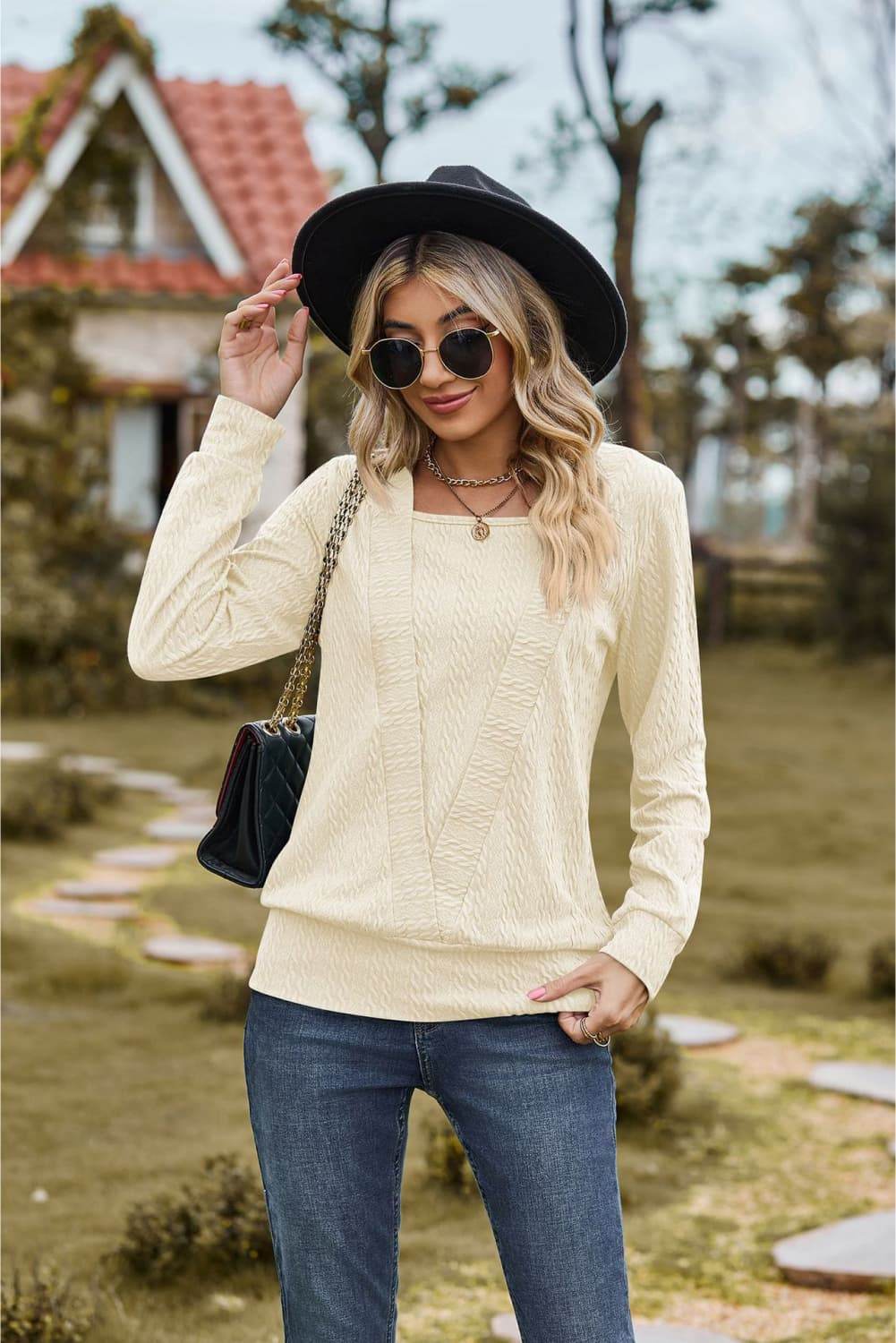 Square Neck Long Sleeve Blouse Ivory Trendsi 5f57cdaa263e469590cea6e022f0bd23-Max