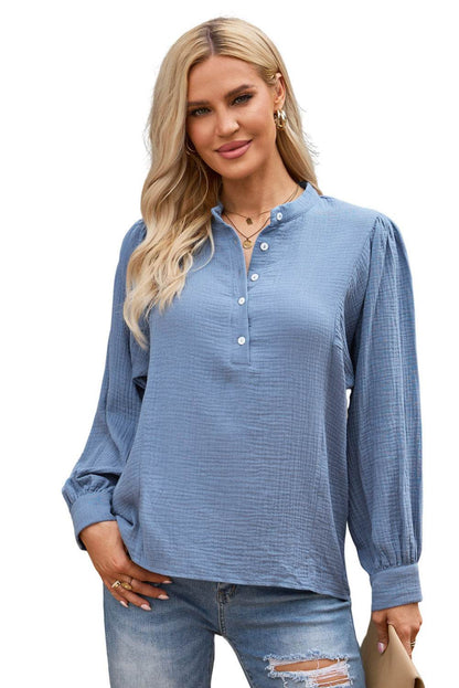 Half Button Puff Sleeve Blouse Trendsi 5f5b9c85dce949e2ac5681254f167795-Max
