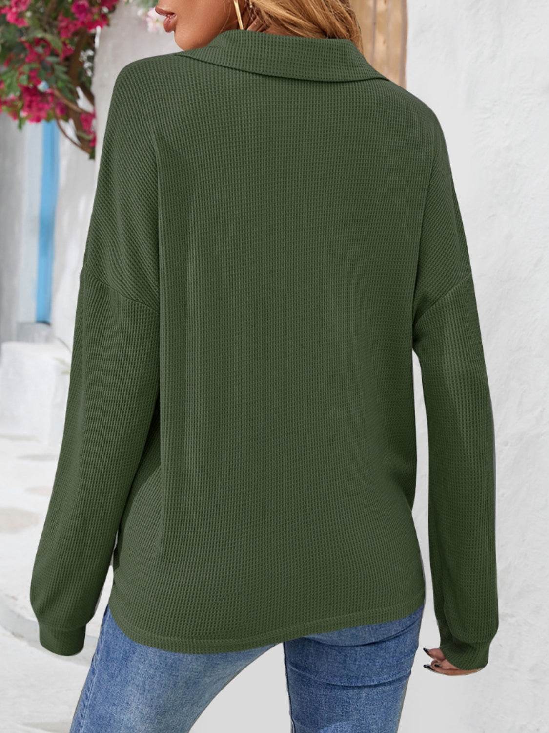 Half Button Collared Neck Long Sleeve Top Trendsi 5f5d8f6c2eca4f119da4a30e395532f2-Max