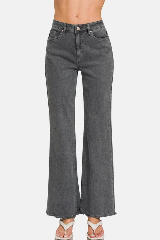 Zenana Acid Washed Frayed Hem Bootcut Jeans Trendsi 5f7b8121-5ef4-42c9-b97b-fcbdf8e29bef-Max