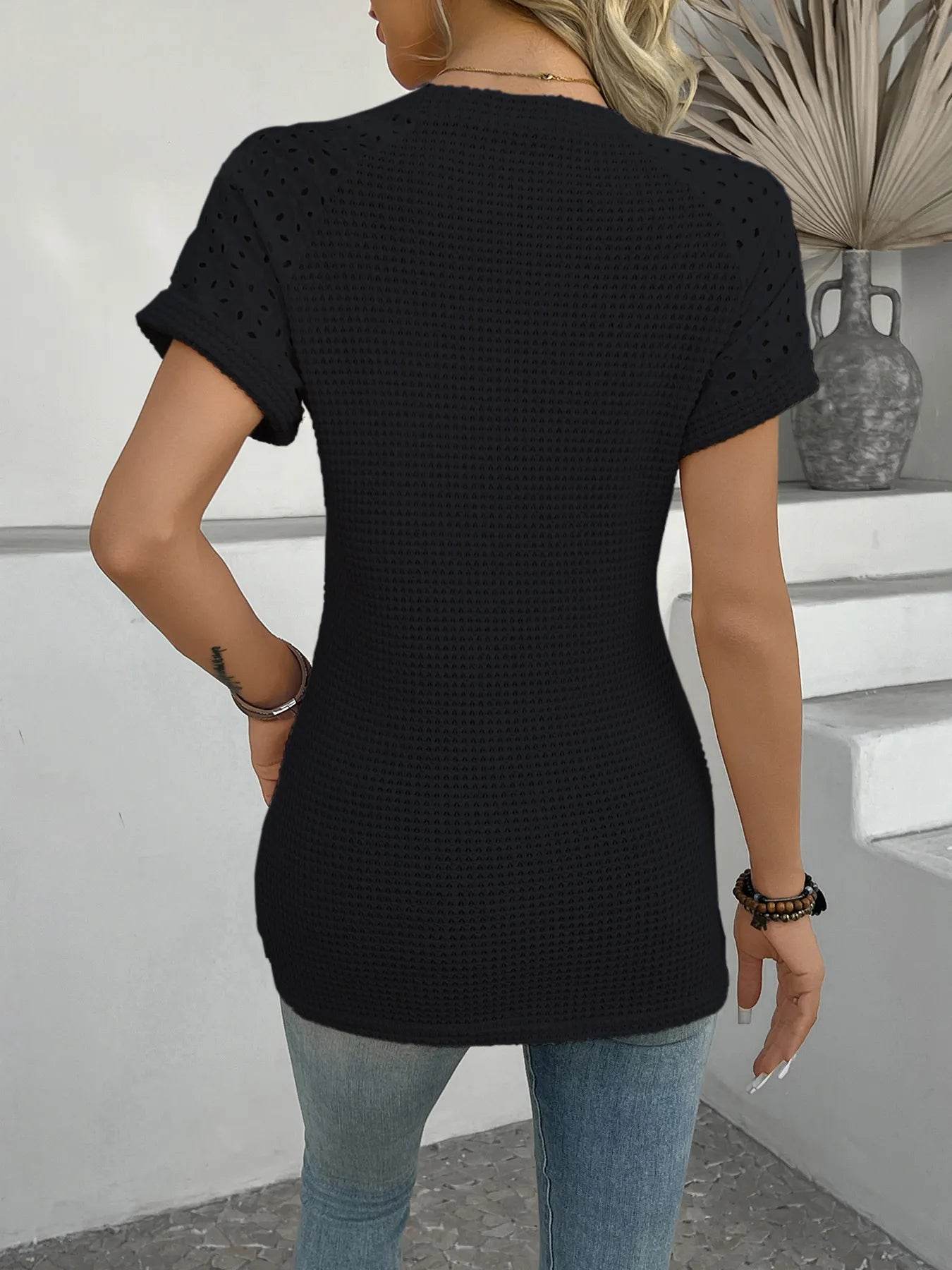 Hollow Out Waffle Knit Short Sleeve T-Shirt Trendsi 5f7e606d8dc64b98a30167684dde88b2-Max-Origin