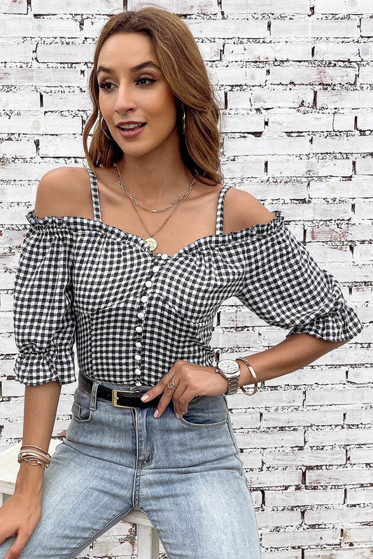 Plaid Buttoned Sweetheart Neck Cold-Shoulder Top Plaid Trendsi 5fadde4fb9ea4eefbe6526c4330de8cf-Max