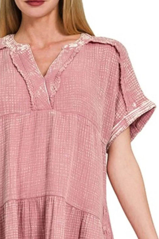 Zenana Washed Double Gauze Raw Edge V-Neck Dress Trendsi 6003ee66-0fec-4f17-9821-f2b3c3cb7843-Max-Origin