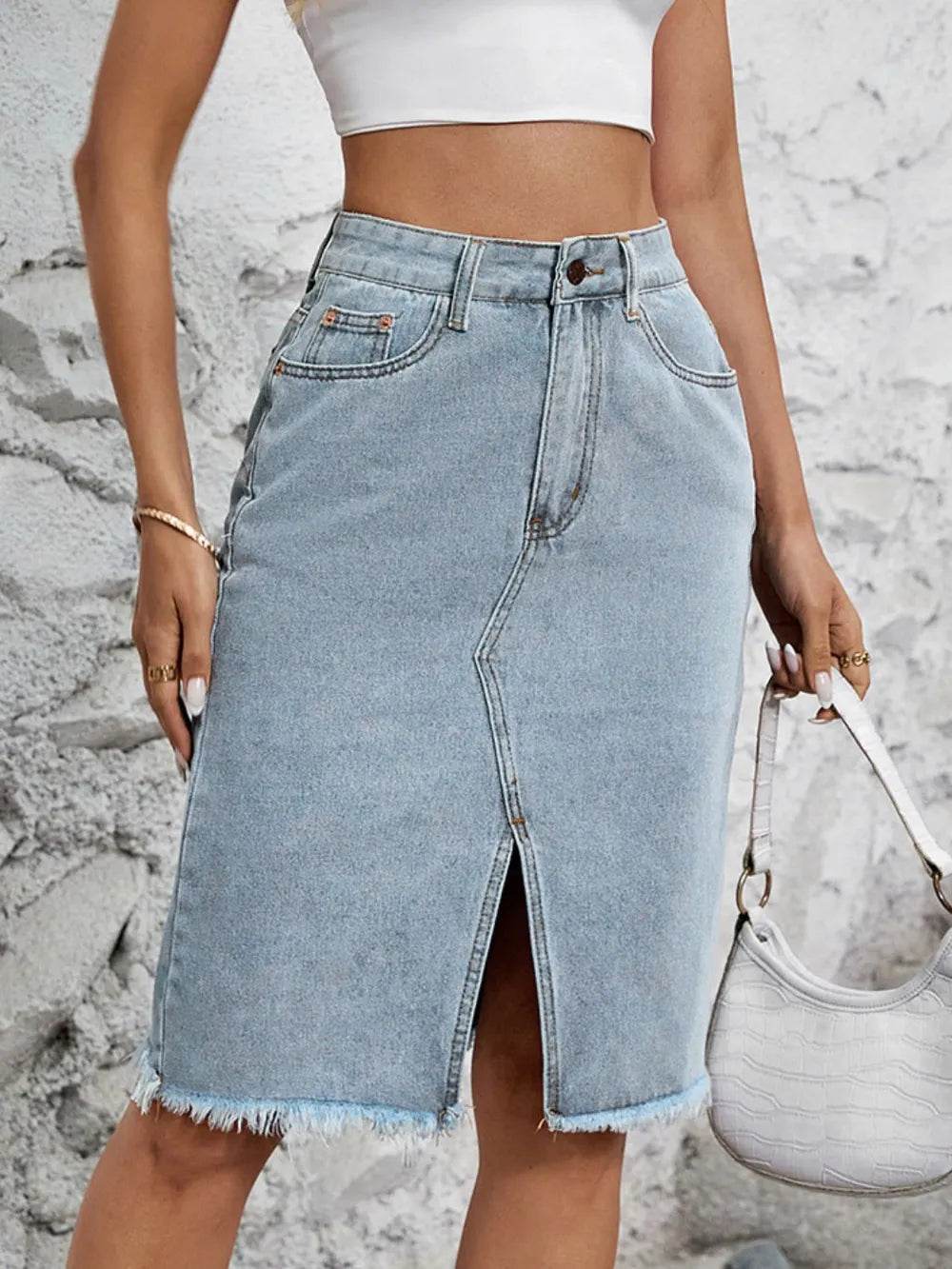 Raw Hem Slit Denim Skirt Trendsi 6010d08f-7a96-4f1e-8ad7-f1a22a5c0843-Max