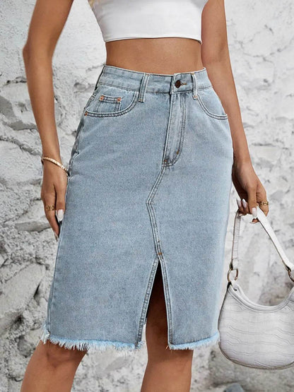 Raw Hem Slit Denim Skirt Trendsi 6010d08f-7a96-4f1e-8ad7-f1a22a5c0843-Max