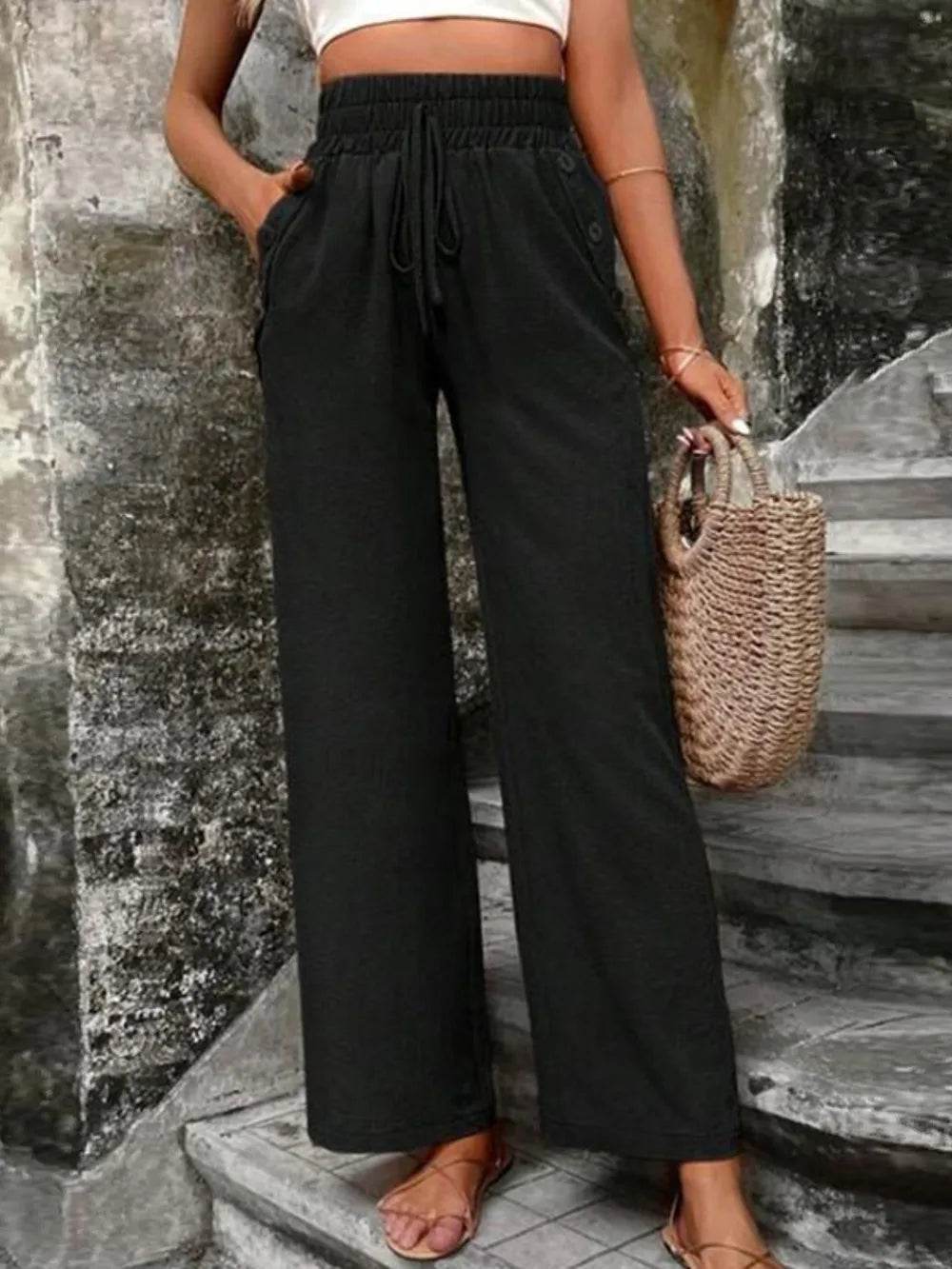 Tied High Waist Wide Leg Pants with Pockets Trendsi 6057f3c7-89a4-4fd2-976d-1b3e9cca8c89-Max