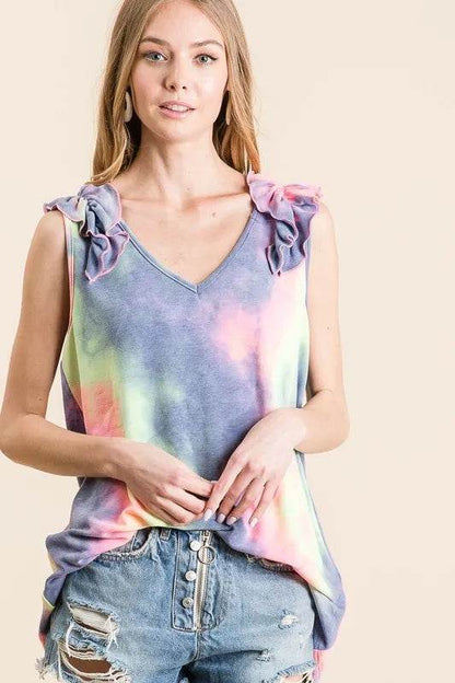 BiBi Tie Dye French Terry V Neck Top with Ruffle Trendsi 607fe83ea0f74aa9b7405c60aea7a17c-Max-Origin