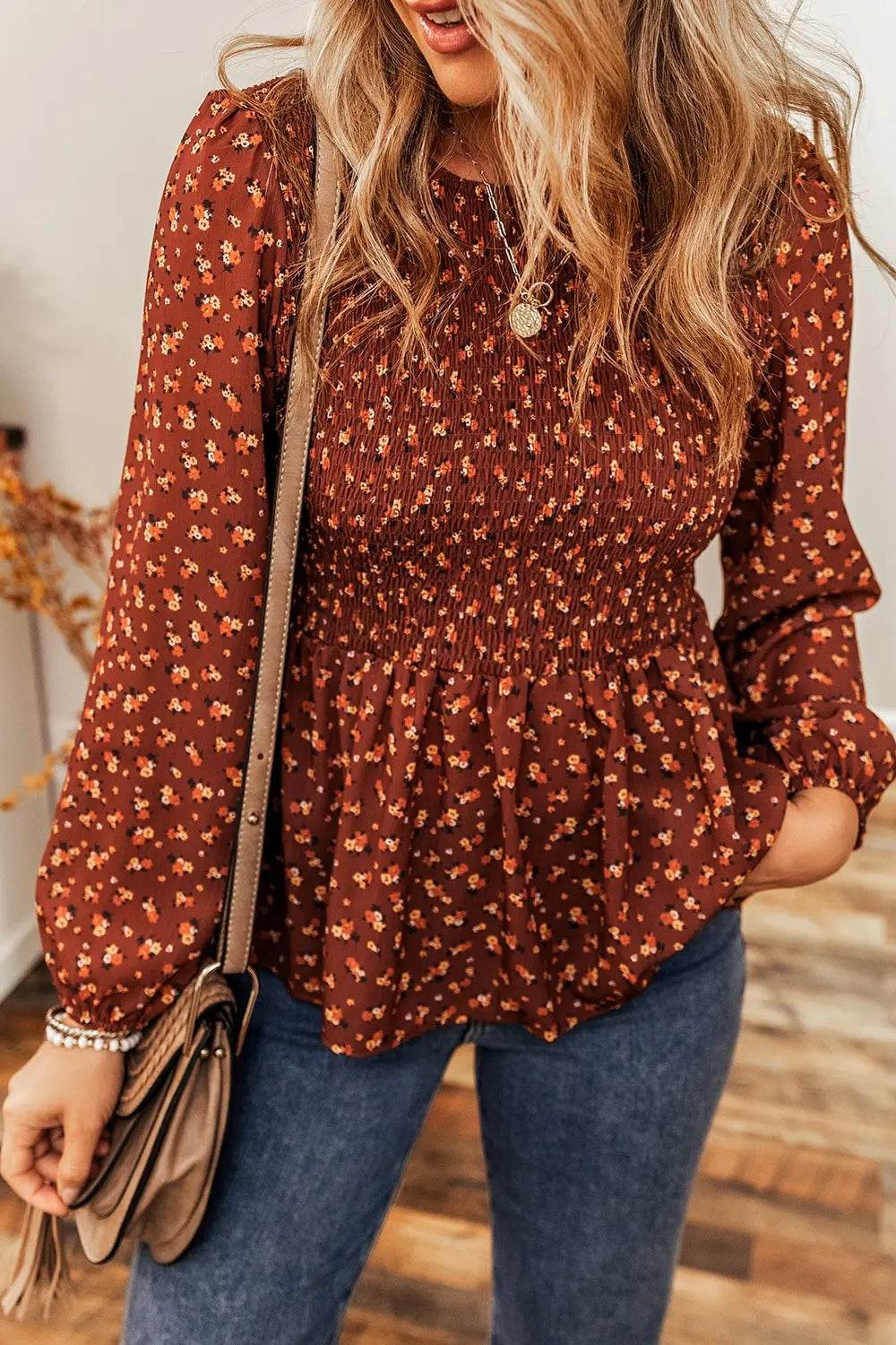 Floral Smocked Ruffle Hem Long Sleeve Blouse Brick Red Trendsi 6081d4e040db4b728088d1a5d88bbe1b-Max