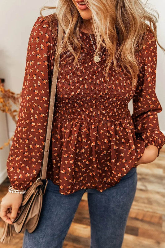 Floral Smocked Ruffle Hem Long Sleeve Blouse Brick Red Trendsi 6081d4e040db4b728088d1a5d88bbe1b-Max